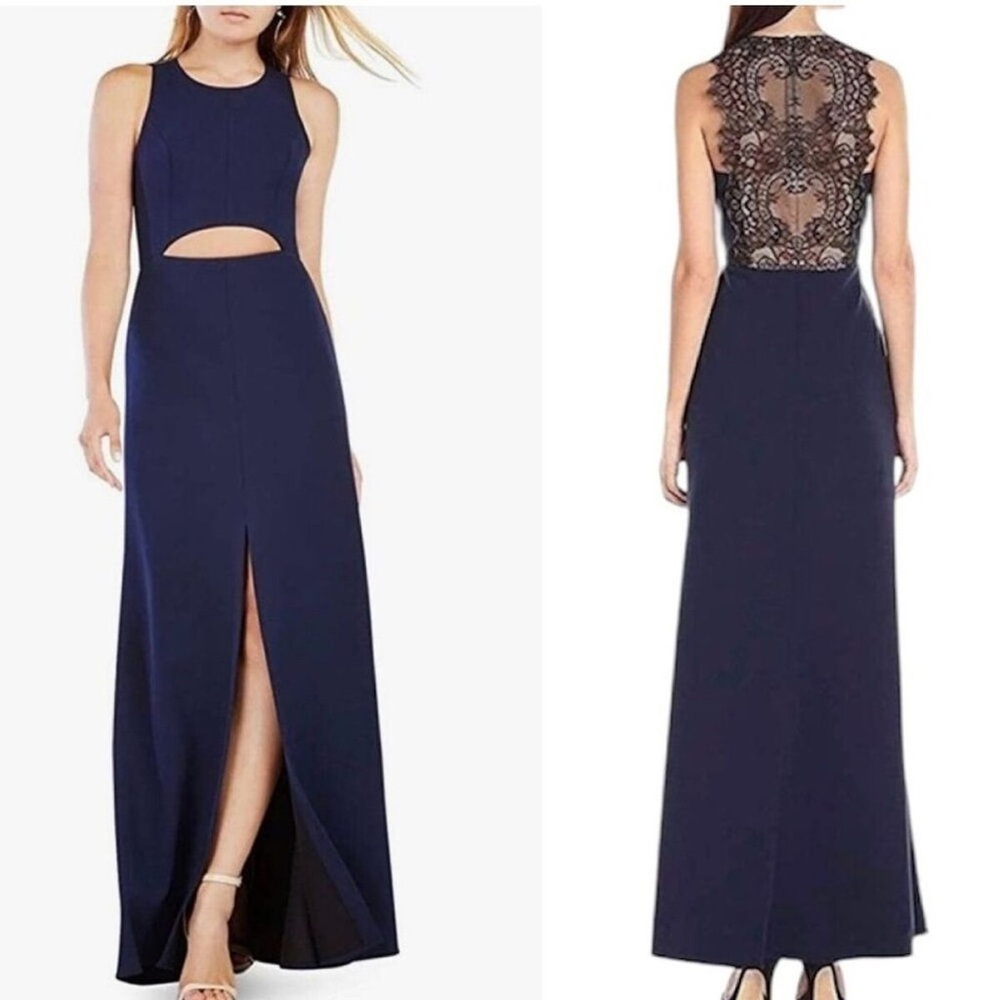 Elegant BCBG Navy Blue Lace Back Evening Gown